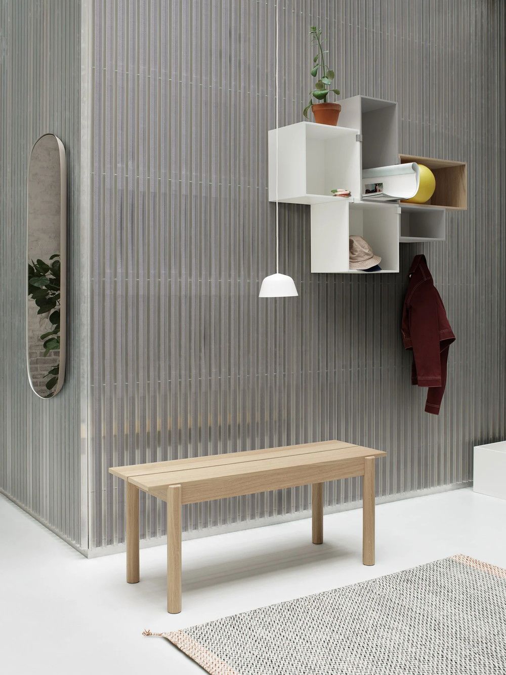 linear bench oak mini stacked ambit white ply black white framed taupe muuto org