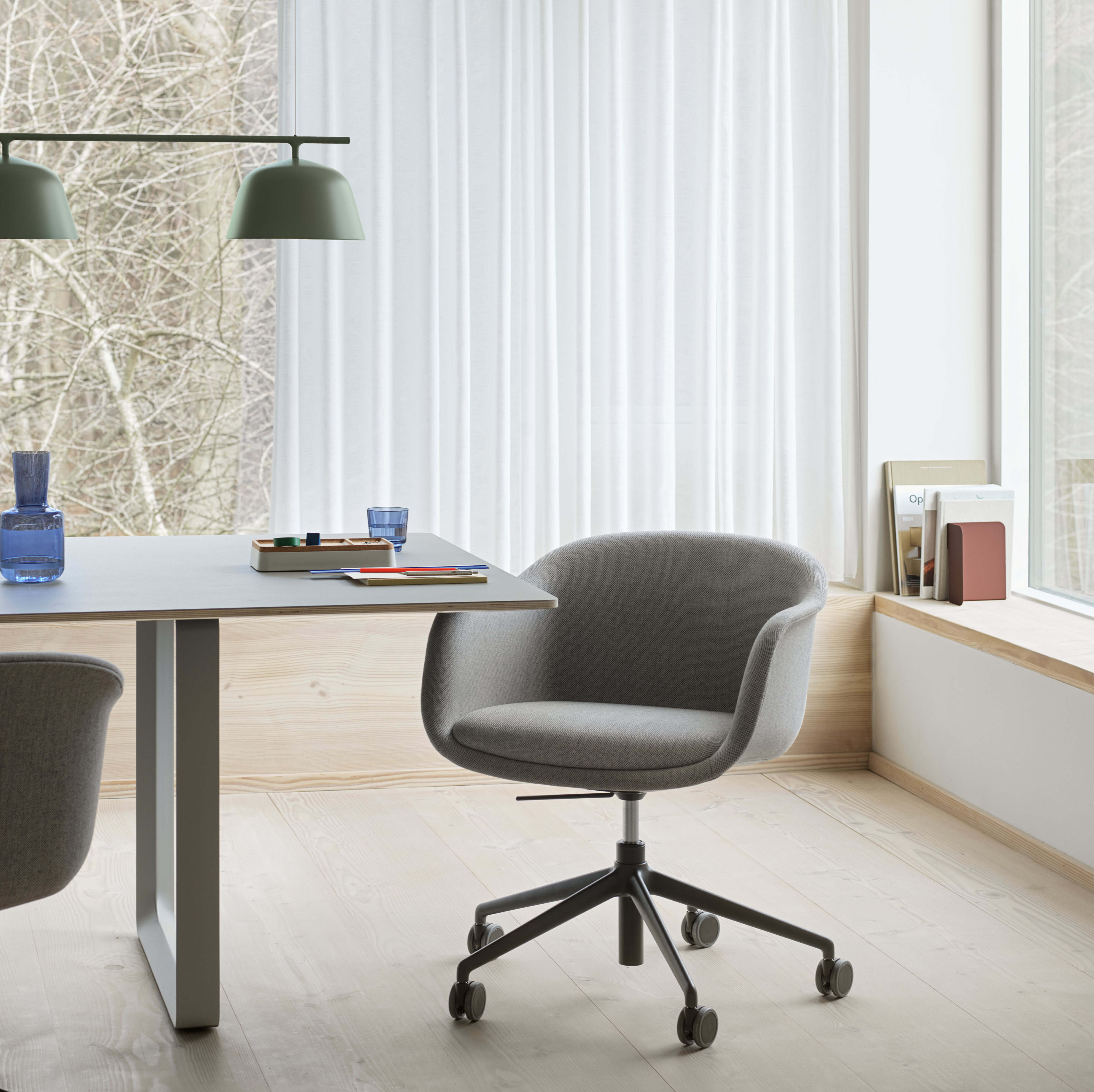 Fiber Conference Armchair in Re-wool 108 w. Swivel Base, Gas-lift, Castors & Tilt - 70/70 Table in Grey - Ambit Rail in Dusty Green - Raise Carafe & Glass in Indigo