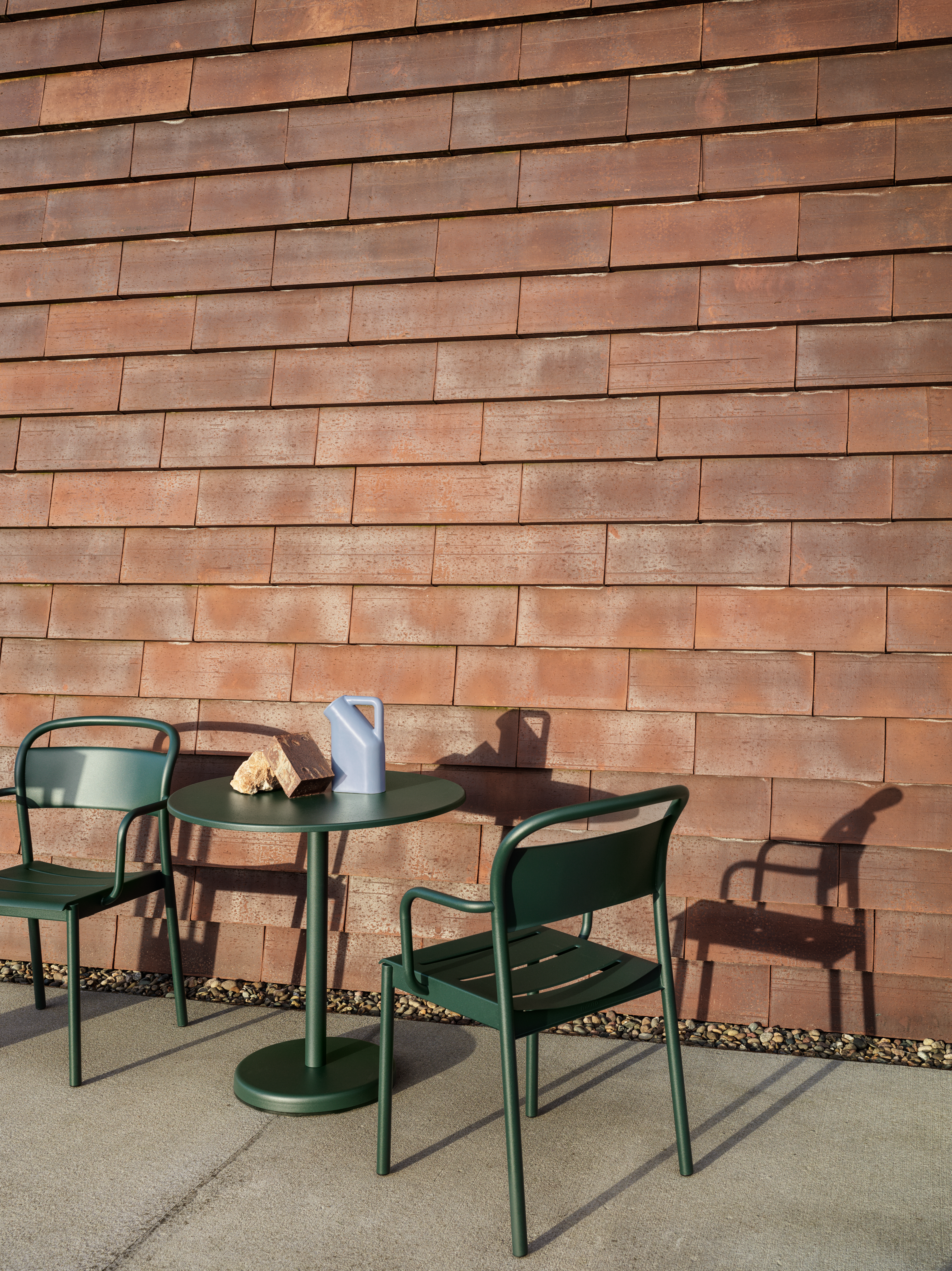 Linear Steel Armchair - Dark Green, Linear Steel Café Table H 73 cm - Dark Green, Tub Jug - Pale Blue