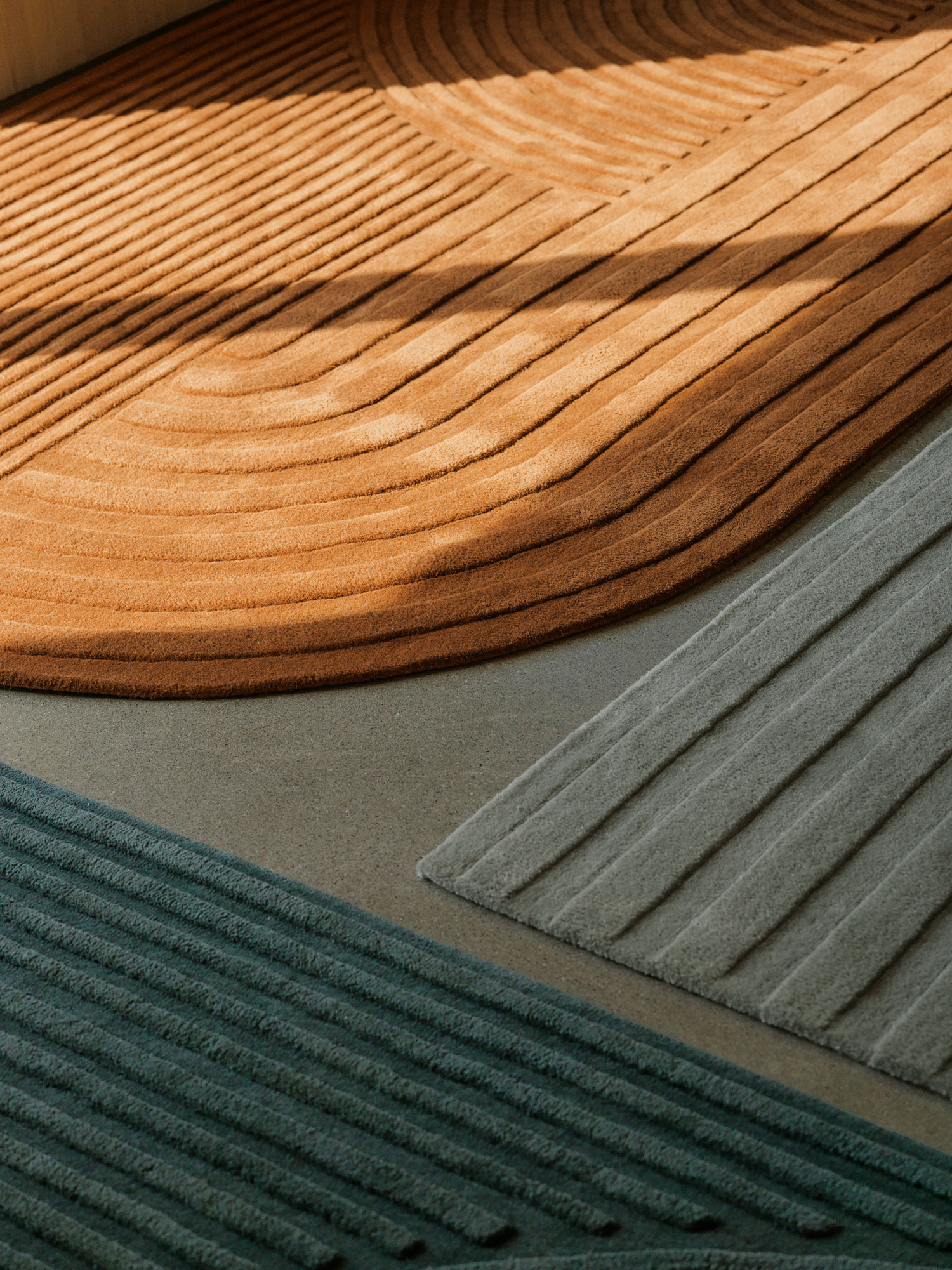 Relevo Rug in Burnt Orange, Dark Green, and Sage Green 