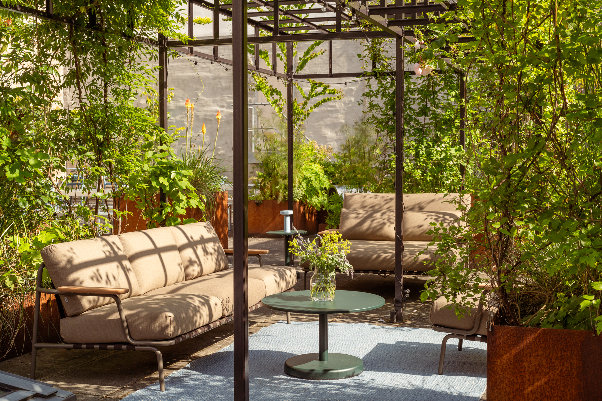 A light Settle sofa and matching chair are arranged in a sunny courtyard, surrounded by lush green plants. The seating ensemble rests on a light blue rug, complemented by an outdoor table, creating a cozy and inviting atmosphere.