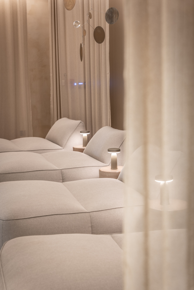 Interior view of Horizon Resort Massane in France featuring Muuto's Ease Portable Lamp.