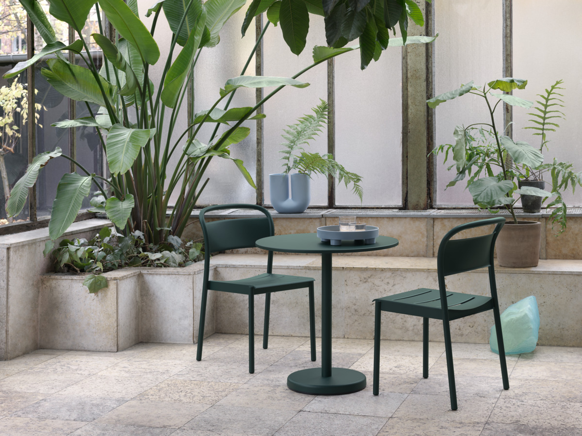 Linear Steel Side Chair in Dark Green, Linear Steel Café Table Ø70 in Dark Green, Platform Tray, Kink Vase